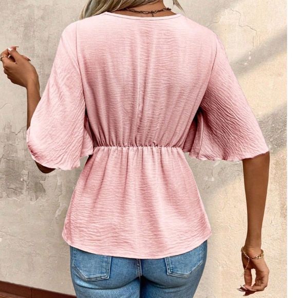 Classic Pink V neck Batwing Sleeve Front Tie Blouse - Picture 5 of 6